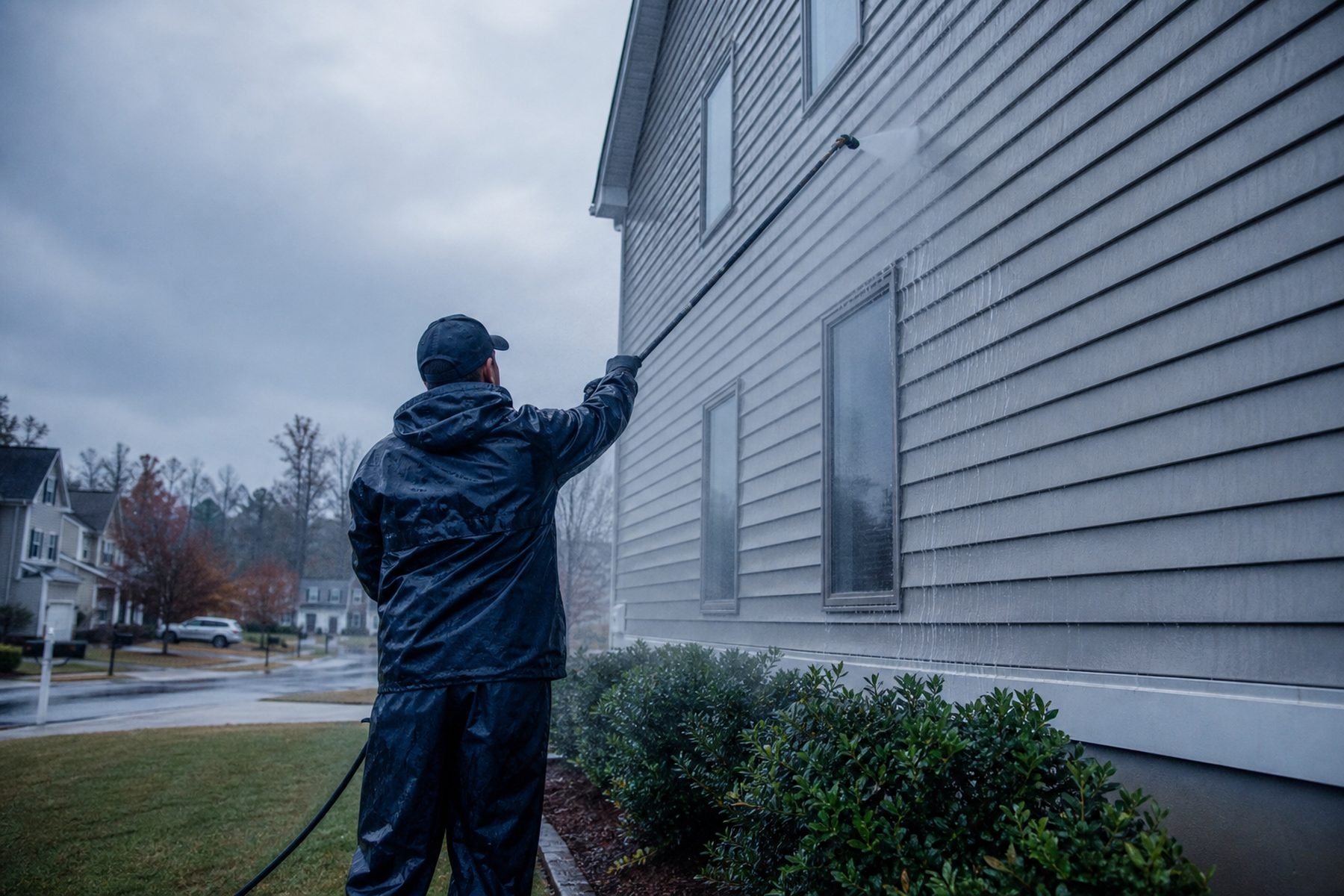 Martin soft washing the siding of a two-story Canton house with an extension wand