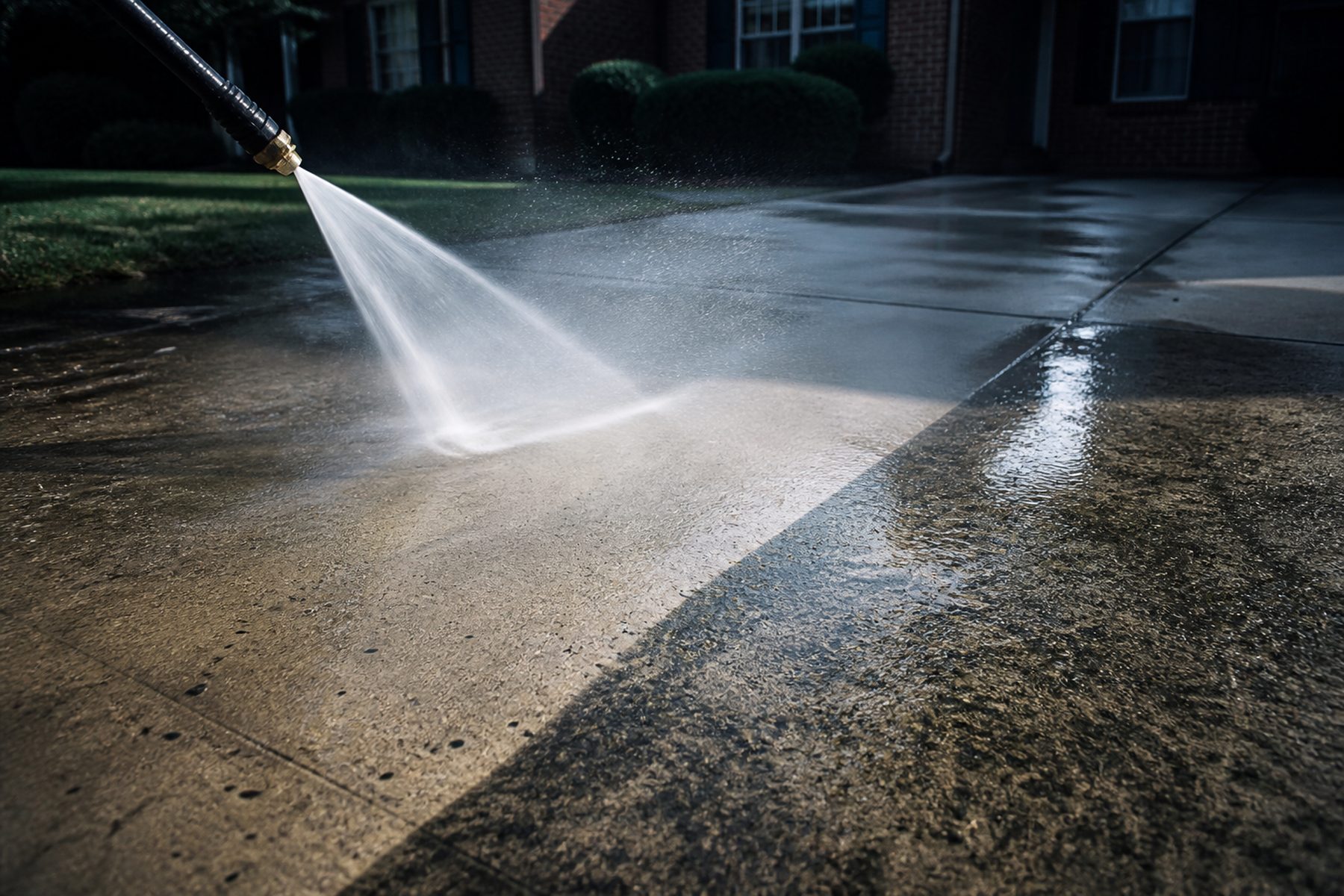 Fan spray from a pressure washer cutting a clean line across a stained concrete driveway