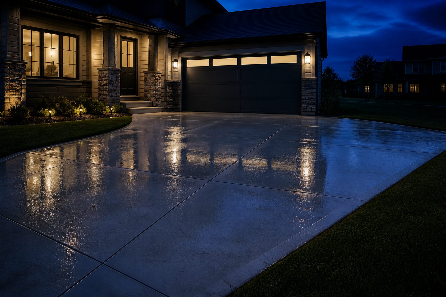 Freshly washed residential driveway still wet at dusk, reflecting the house lights
