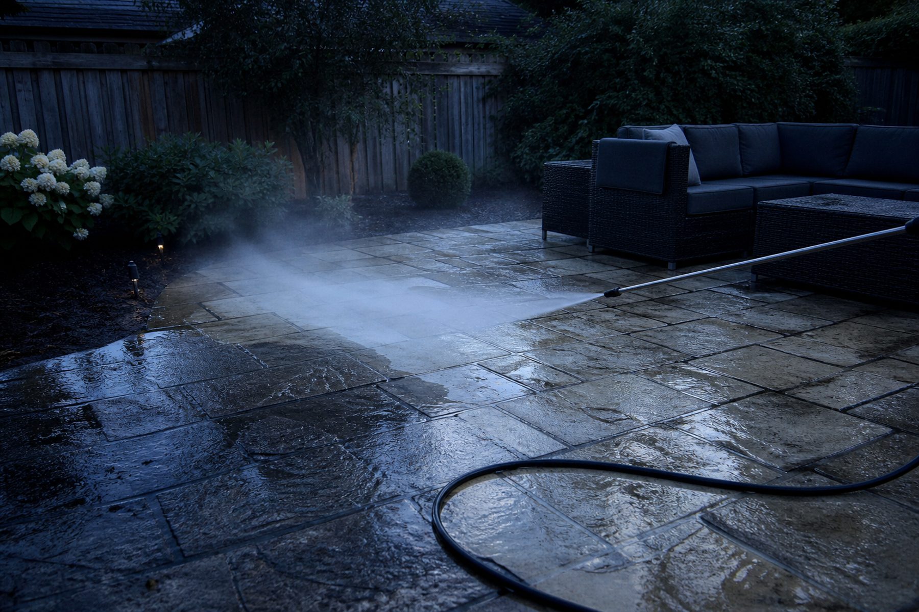 Back patio pavers being soft washed, furniture moved aside and mist hanging in the air